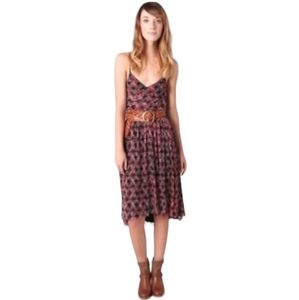 Free People Feather Leaf Print Cross Front Midi Dress Mesh Overlay Women Size S